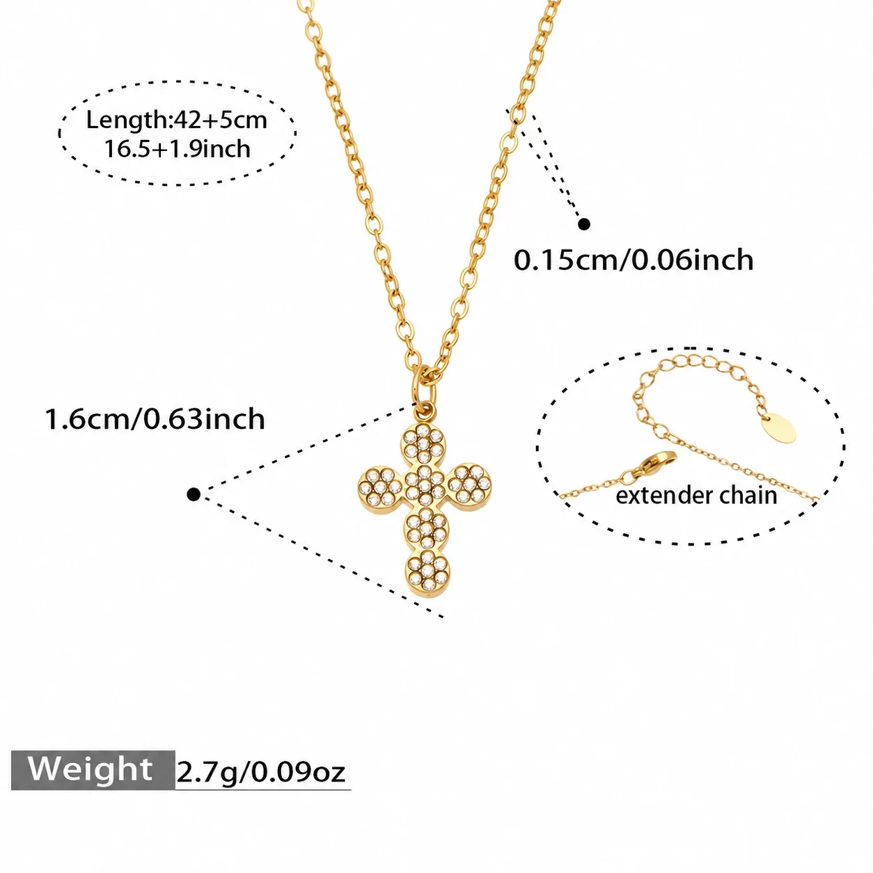 Delicate 18K Gold PVD 316L Pavé Cross Chain Jewelry Set - Gold Cross 42+5 cm