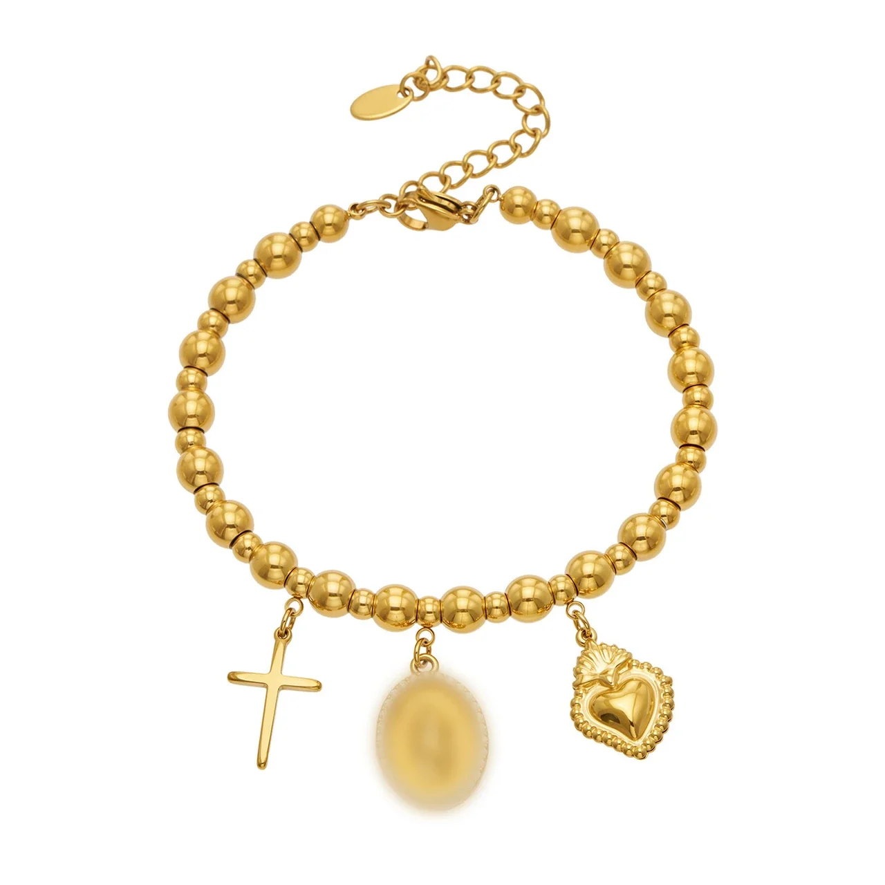Charm-Laden Gold PVD Bead Heart Cross 316L Stainless Steel Bracelet