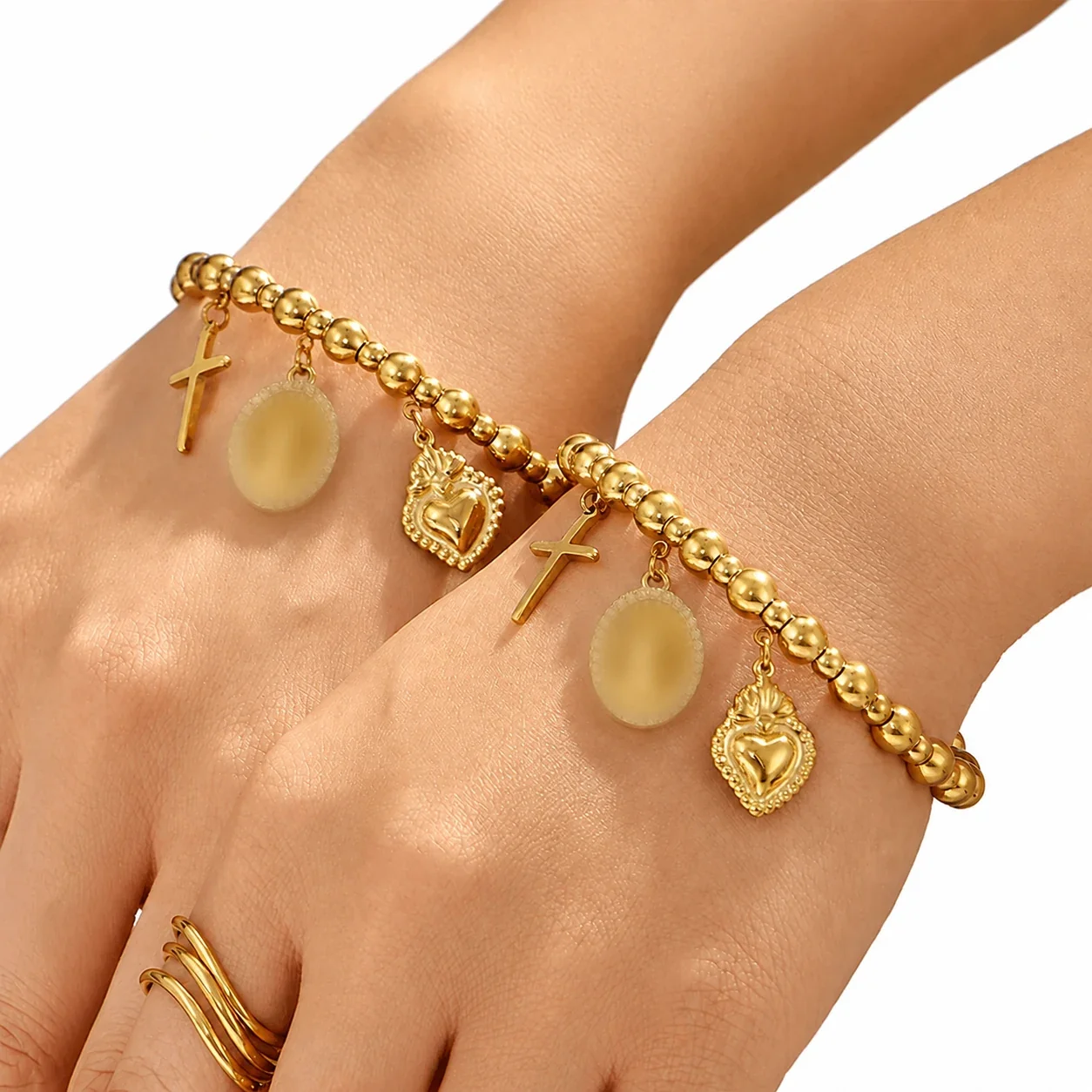 Charm-Laden Gold PVD Bead Heart Cross 316L Bracelet
