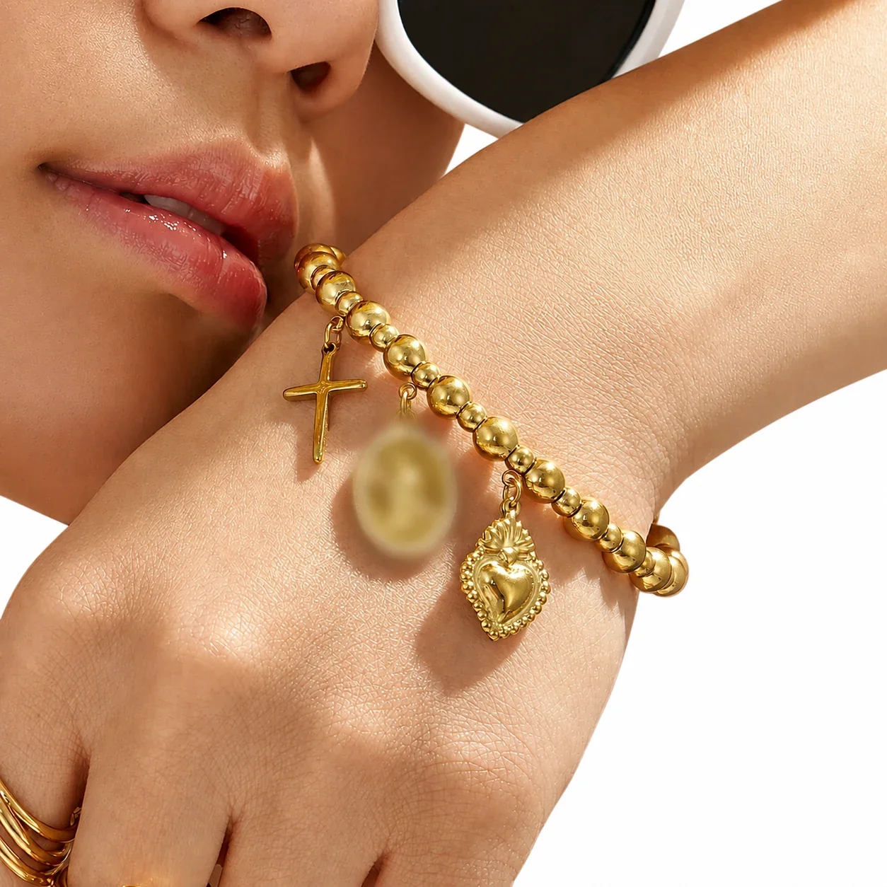 Charm-Laden Gold PVD Bead Heart Cross 316L Bracelet