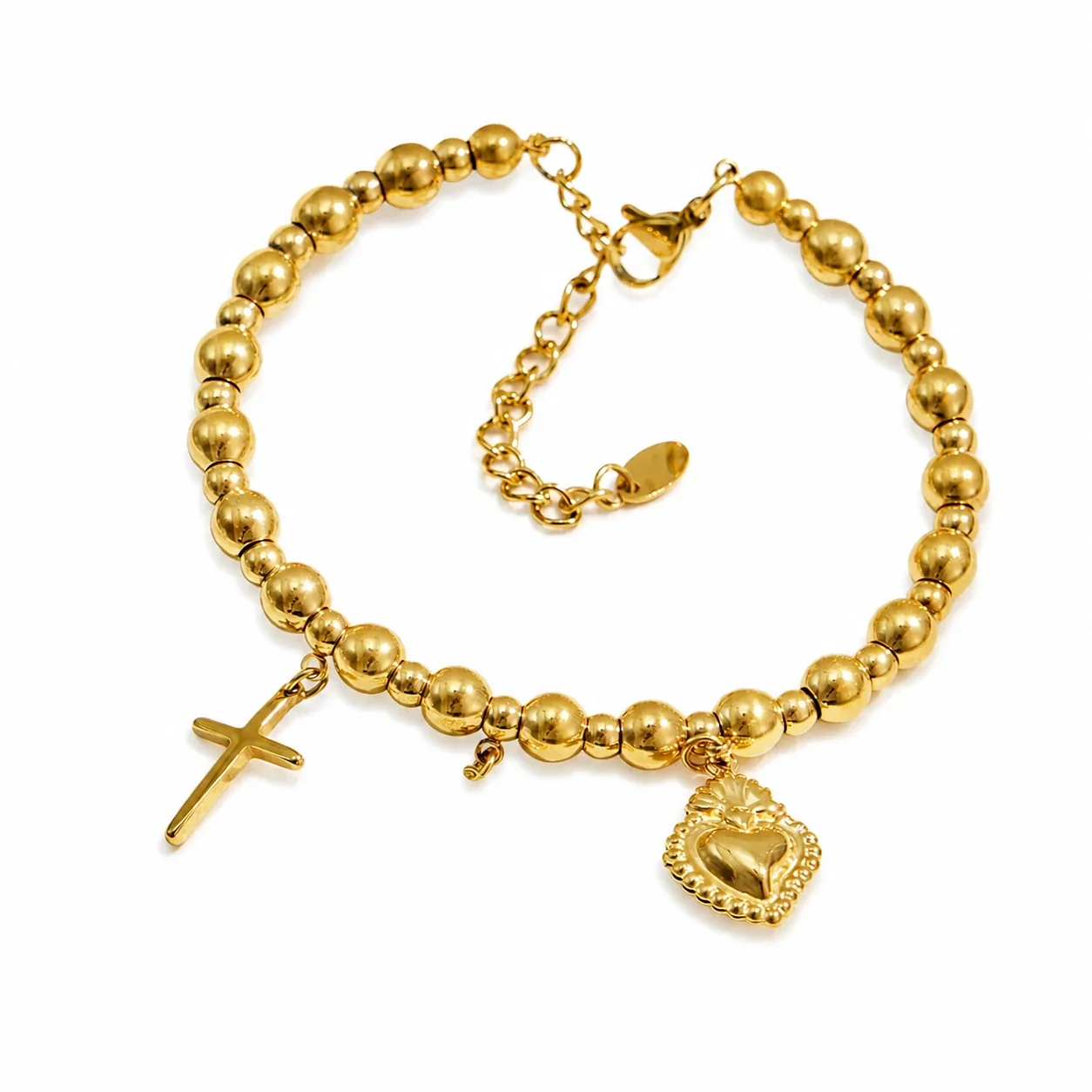 Charm-Laden Gold PVD Bead Heart Cross 316L Bracelet