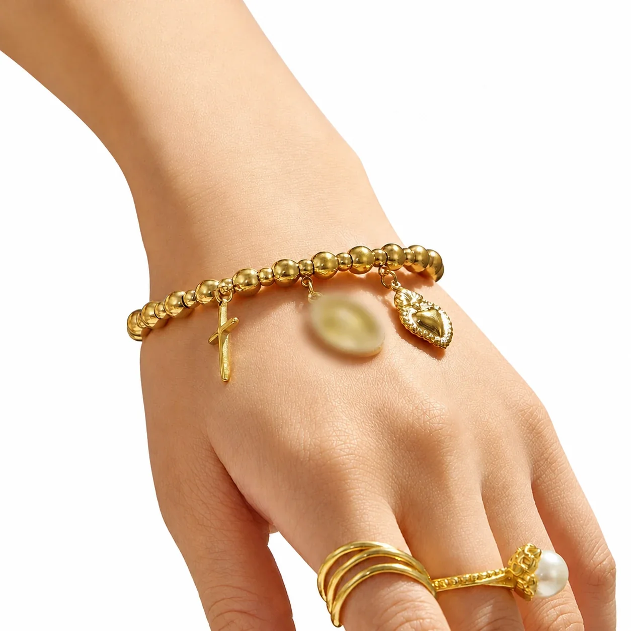 Charm-Laden Gold PVD Bead Heart Cross 316L Bracelet