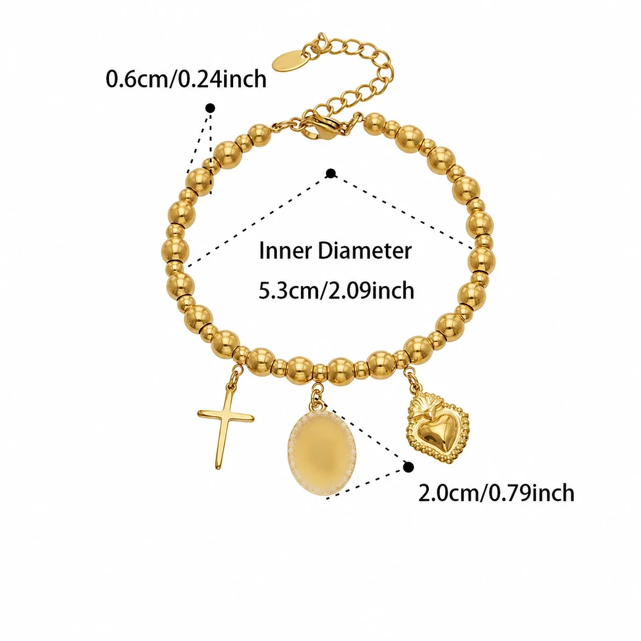 Charm-Laden Gold PVD Bead Heart Cross 316L Bracelet - Gold