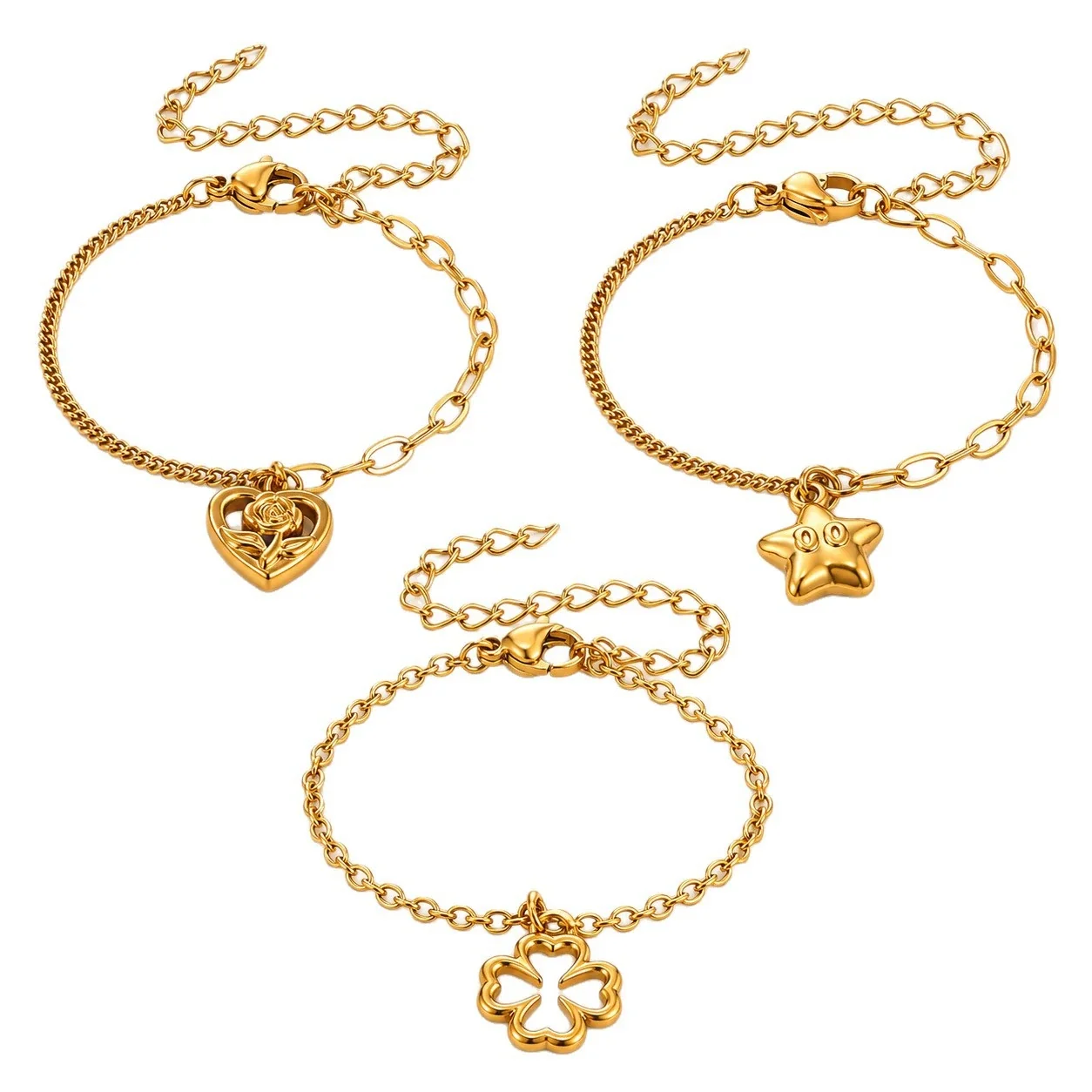 Charm Bracelet with Mixed Curb Chain and Gold-Plated Motifs