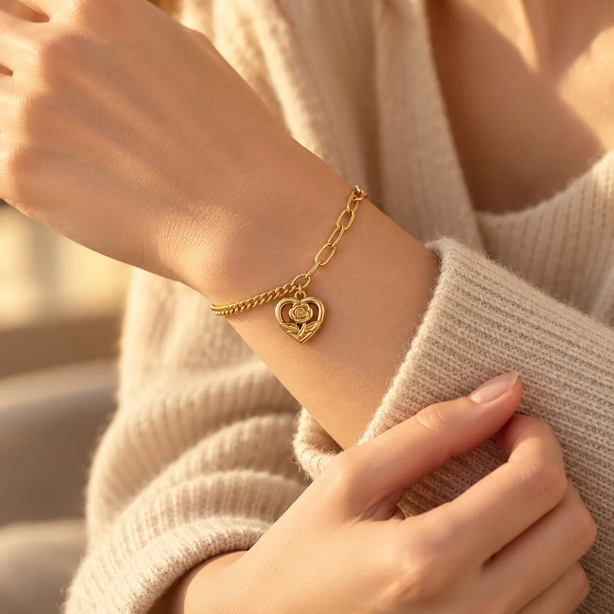 Foto del producto: Pulsera con charm de cadena barbada mixta y motivos chapados en oro