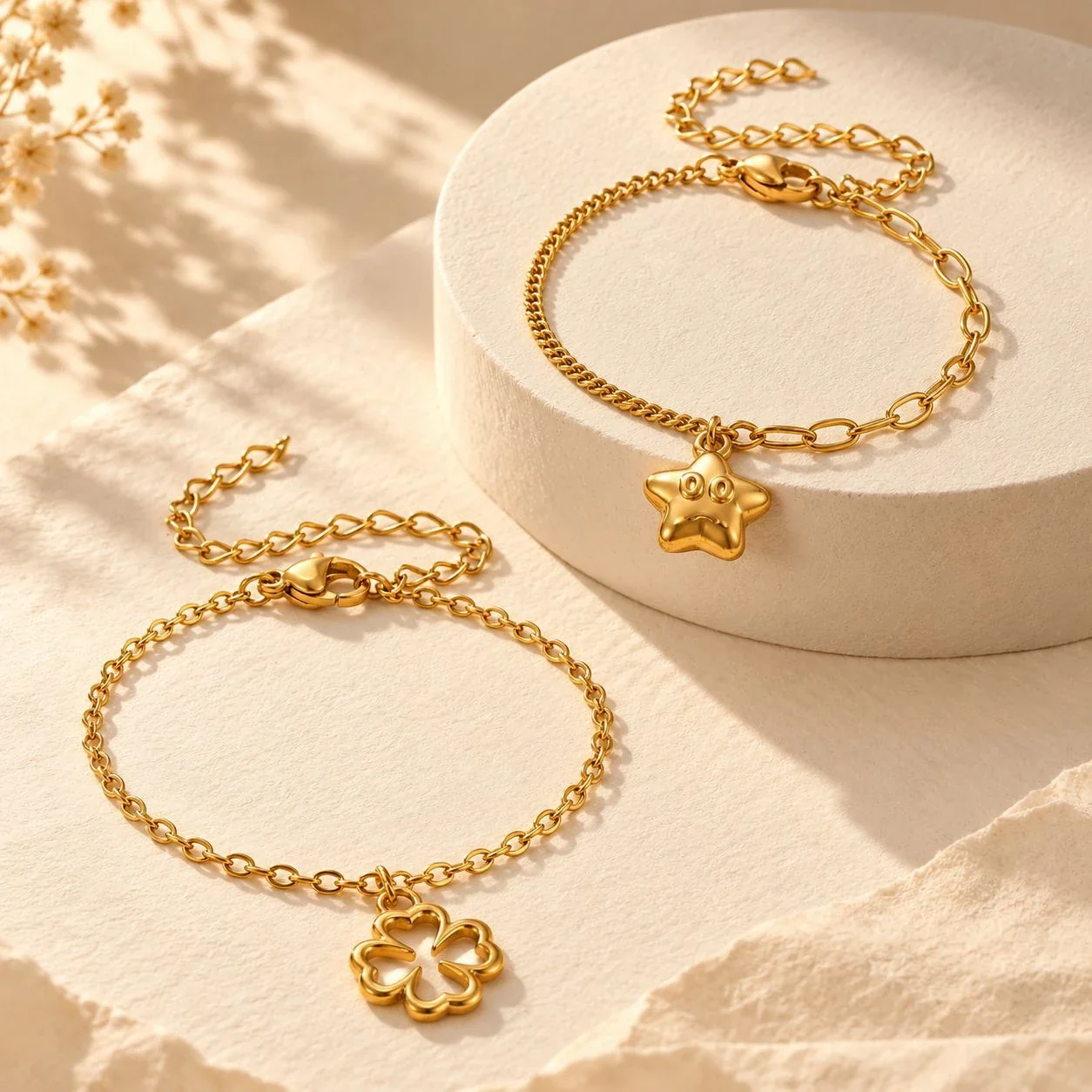 Foto del producto: Pulsera con charm de cadena barbada mixta y motivos chapados en oro