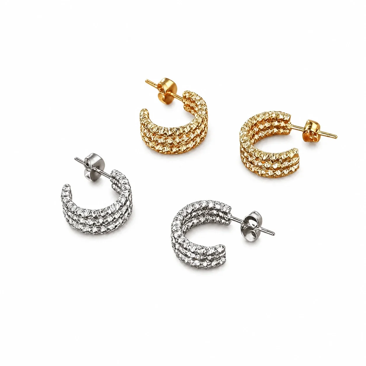 Sculpted 316 Stainless Triple-Ridge Hoop Earrings