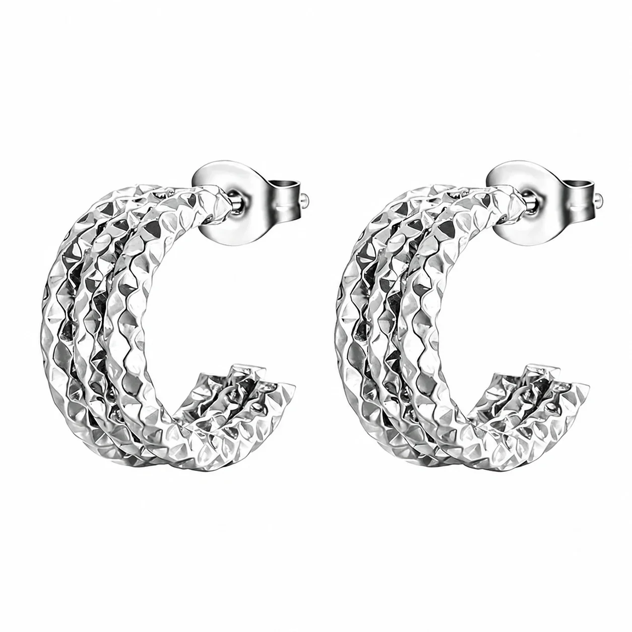 Sculpted 316 Stainless Triple-Ridge Hoop Earrings - Silver