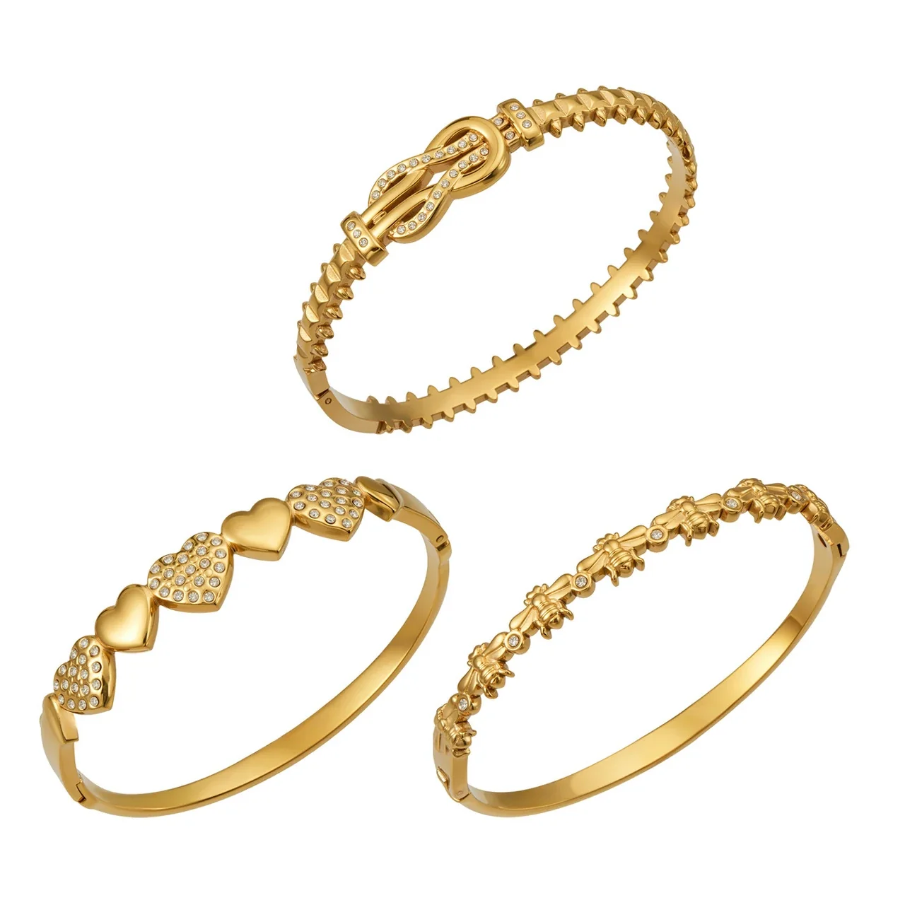 Radiant 18K Gold-Plated Crystal Heart Hinged Bangle