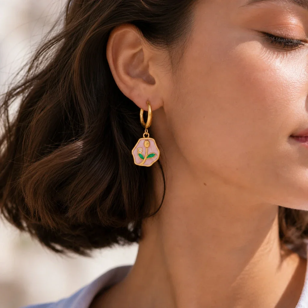 Photo produit : Créoles avec pendants tulipe émaillés, acier inoxydable doré à l’or