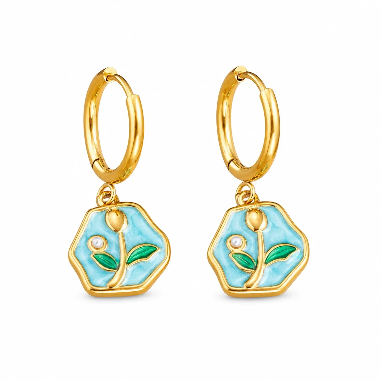 Photo produit : Créoles avec pendants tulipe émaillés, acier inoxydable doré à l’or