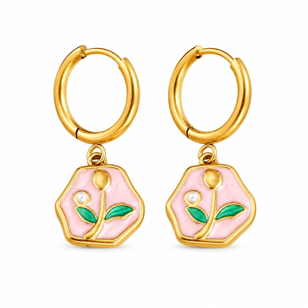 Photo produit : Créoles avec pendants tulipe émaillés, acier inoxydable doré à l’or