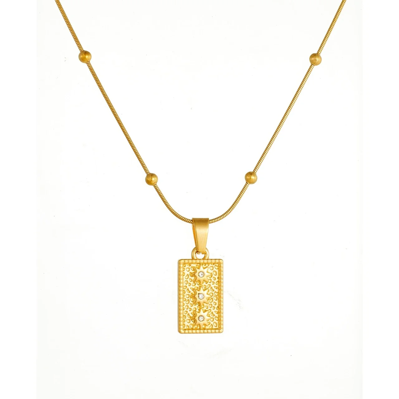 Pendant Necklace, Beaded Snake Chain, Sun Plaque, Gold-Plated Steel