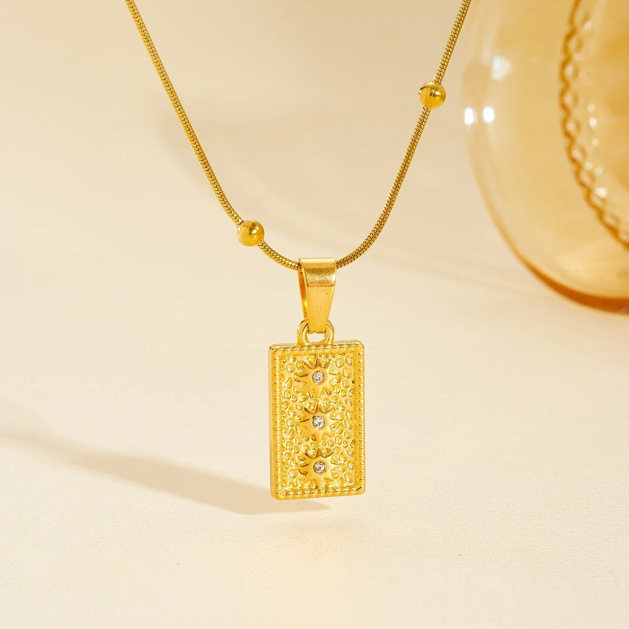 Pendant Necklace, Beaded Snake Chain, Sun Plaque, Gold-Plated Steel