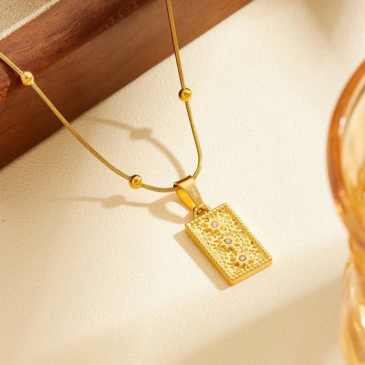 Pendant Necklace, Beaded Snake Chain, Sun Plaque, Gold-Plated Steel