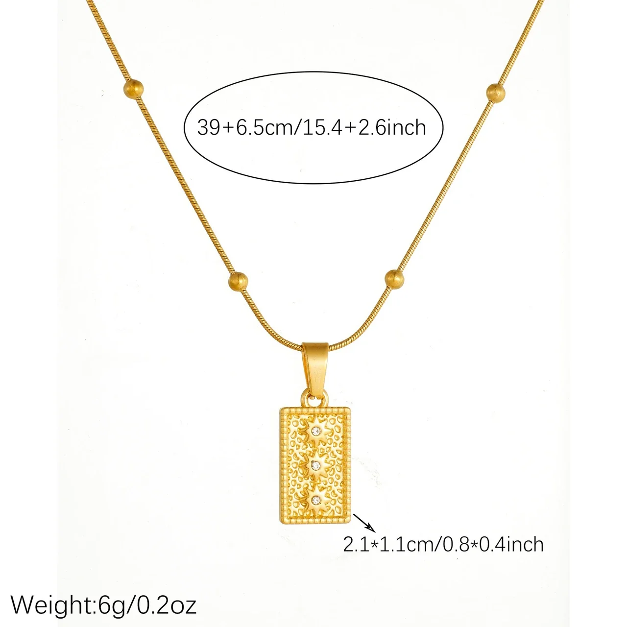 Pendant Necklace, Beaded Snake Chain, Sun Plaque, Gold-Plated Steel