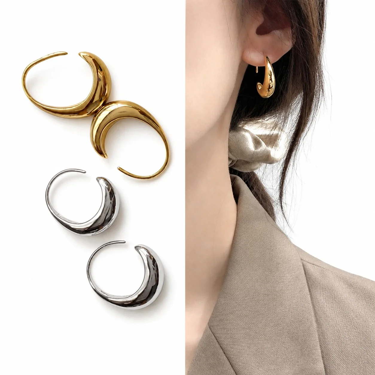 Sculptural 316 Stainless Steel Crescent Hoop Earrings
