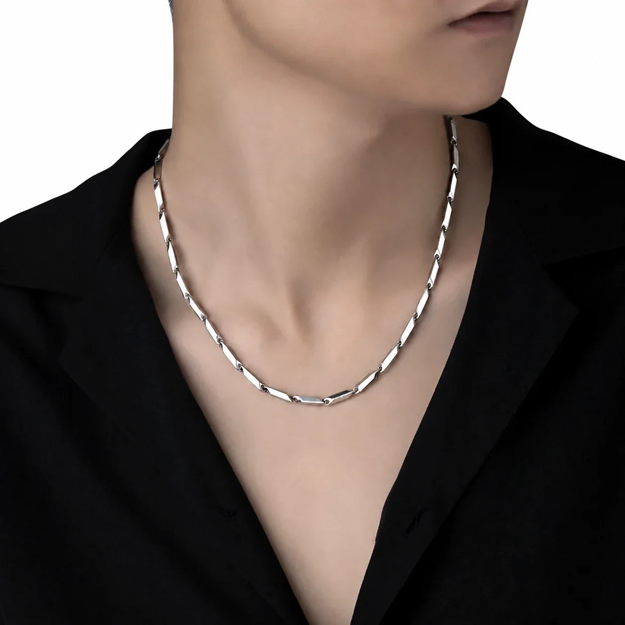 Angular Stainless Steel Silver-Tone Diamond Link Necklace