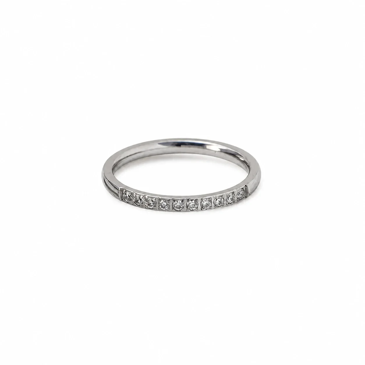 Slim 316 Stainless Steel Channel-Set Crystal Band Ring - Silver