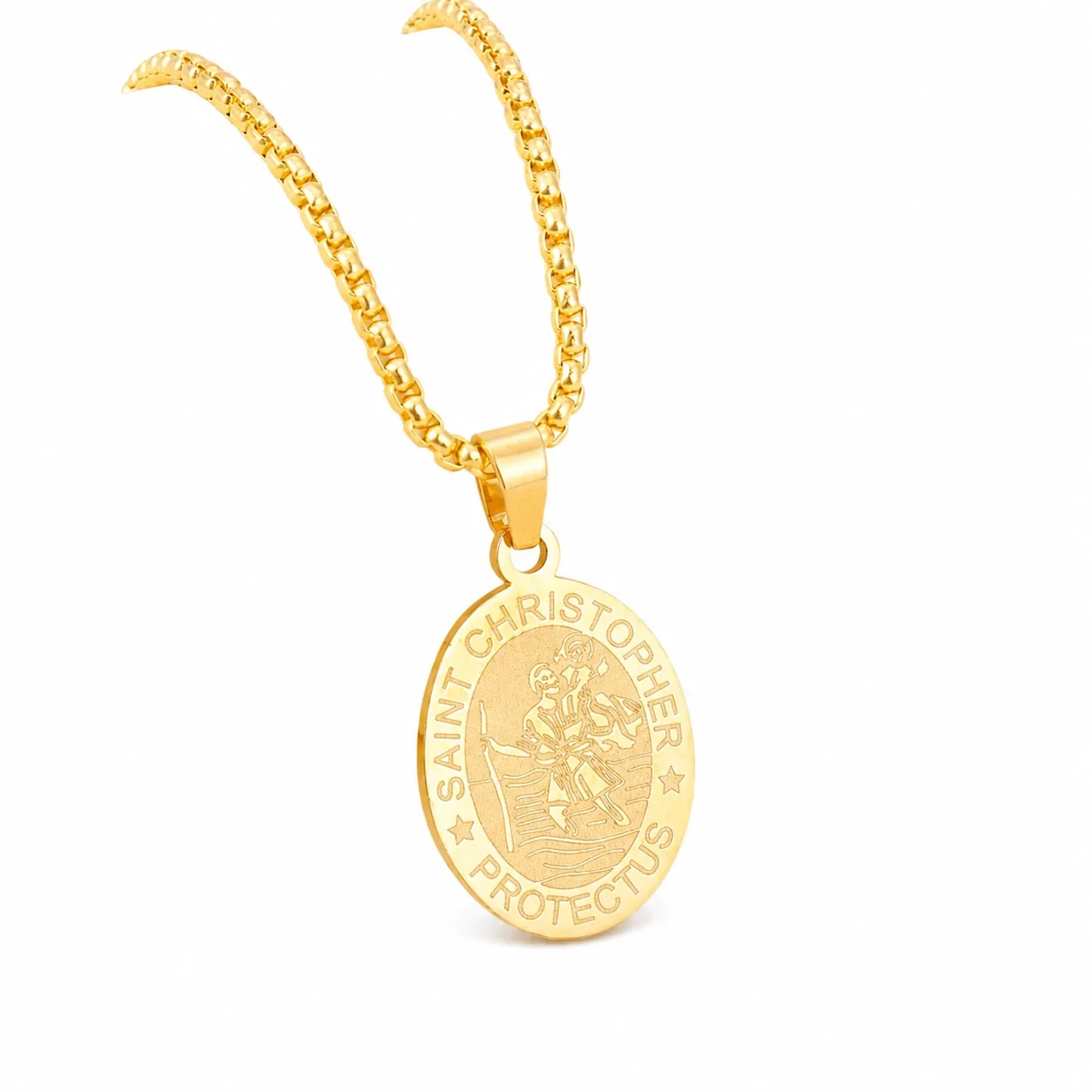 Saint Christopher Gold-Plated Oval Medal Box Chain Necklace