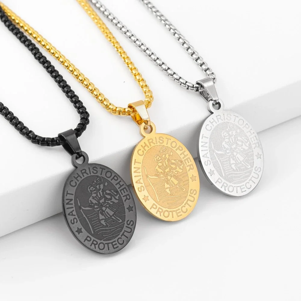 Saint Christopher Gold-Plated Oval Medal Box Chain Necklace