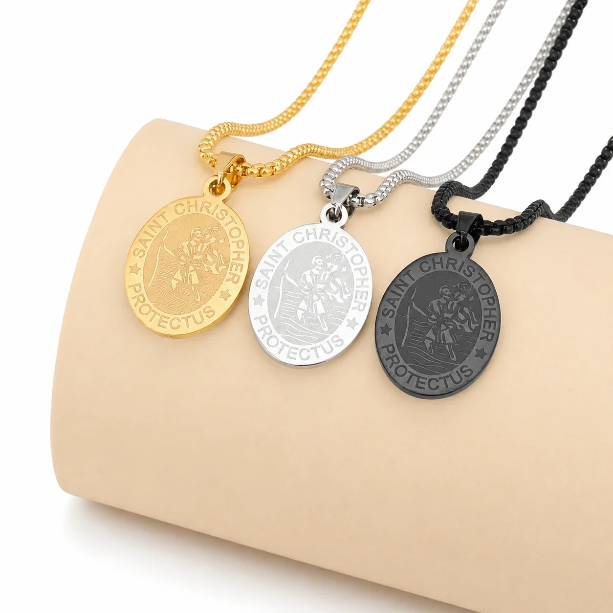 Saint Christopher Gold-Plated Oval Medal Box Chain Necklace
