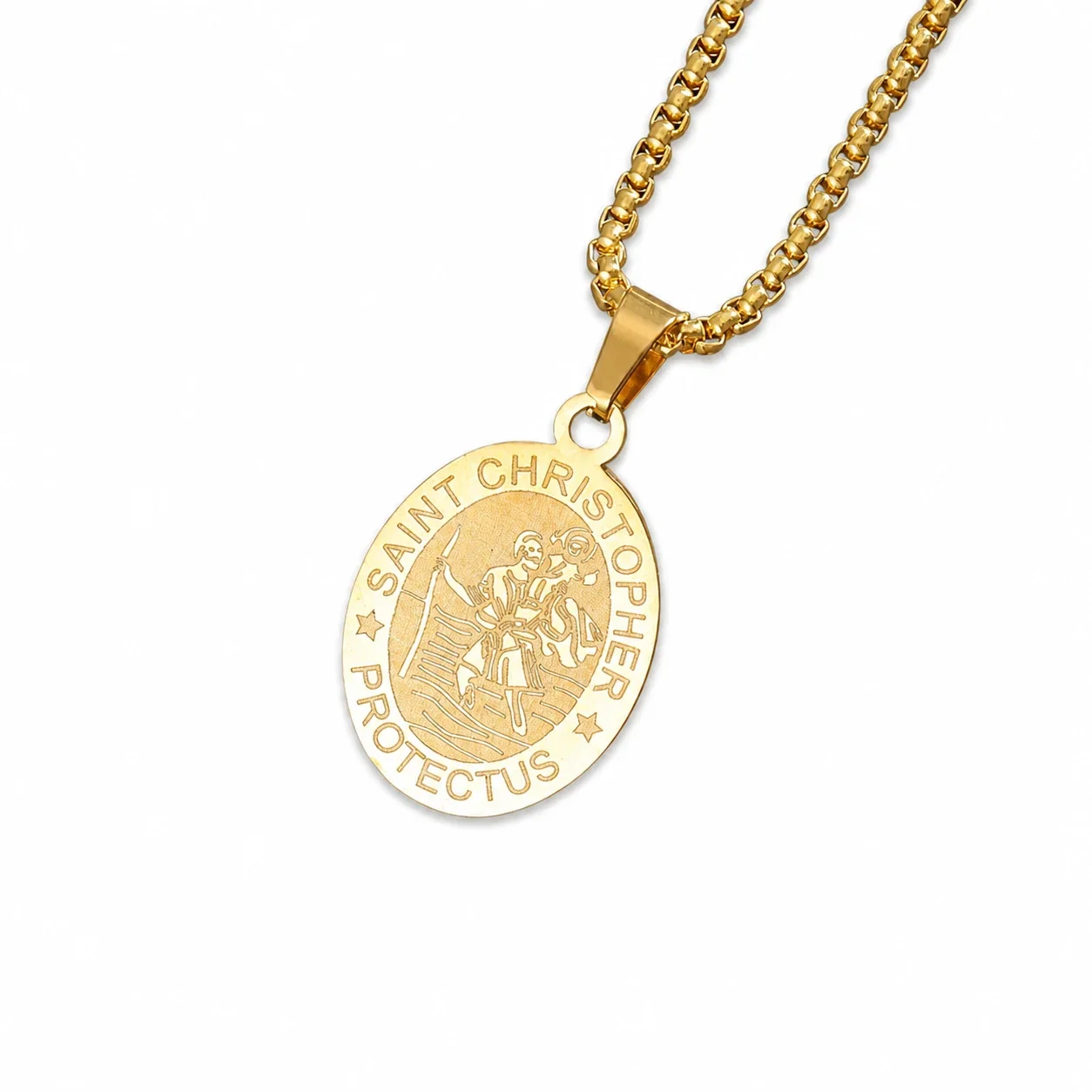 Saint Christopher Gold-Plated Oval Medal Box Chain Necklace