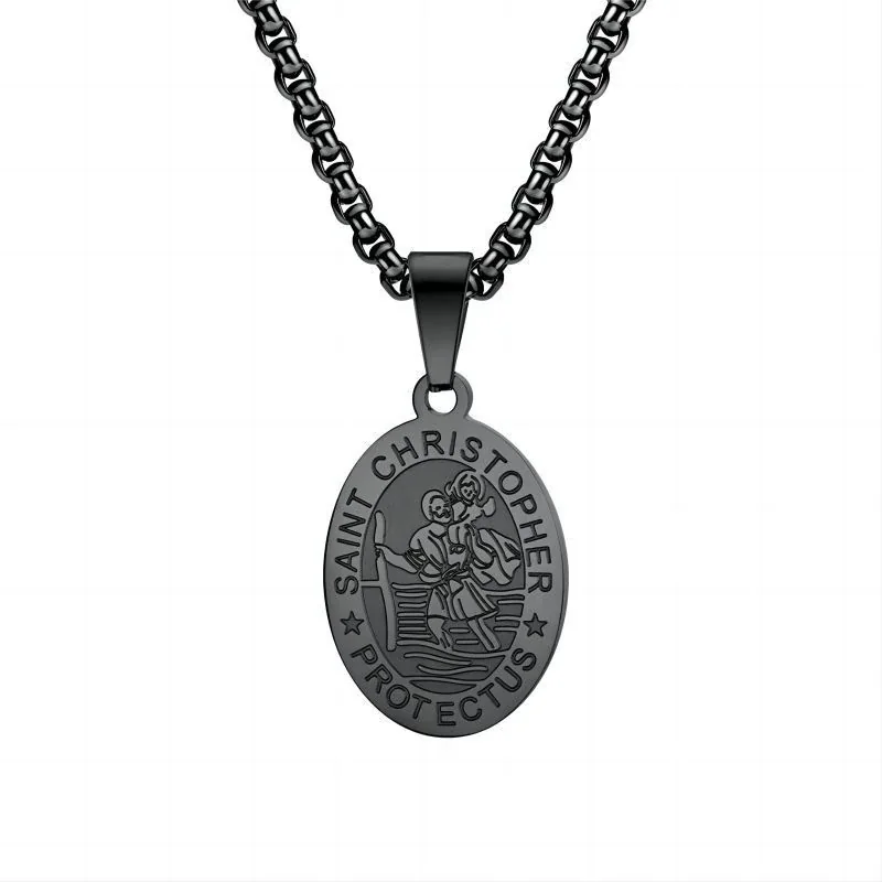 Saint Christopher Gold-Plated Oval Medal Box Chain Necklace