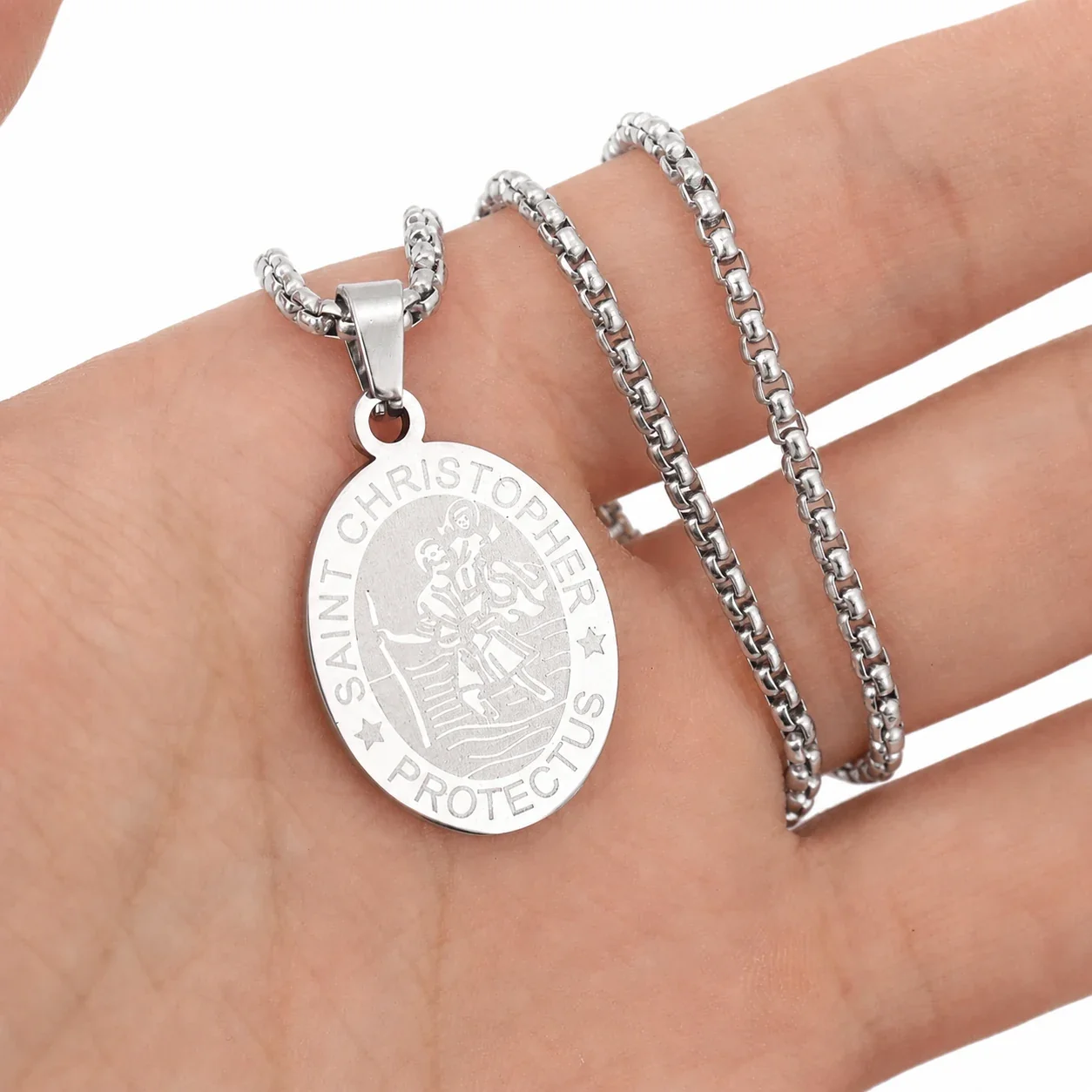 Saint Christopher Gold-Plated Oval Medal Box Chain Necklace - Silver