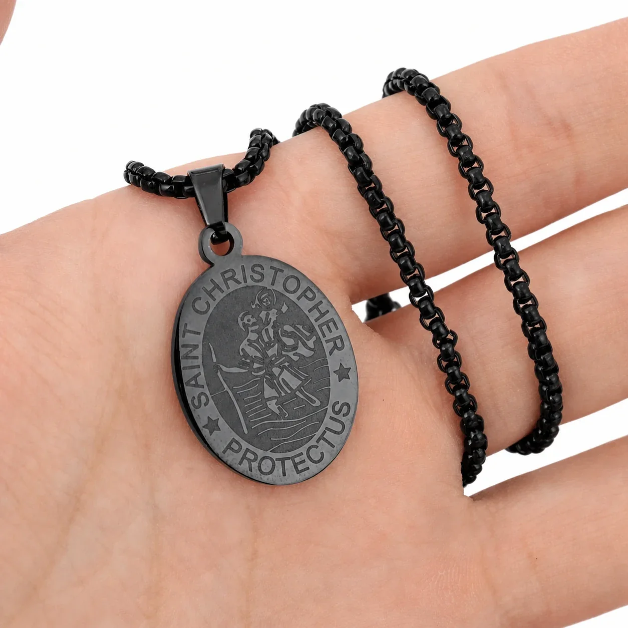 Saint Christopher Gold-Plated Oval Medal Box Chain Necklace - Black