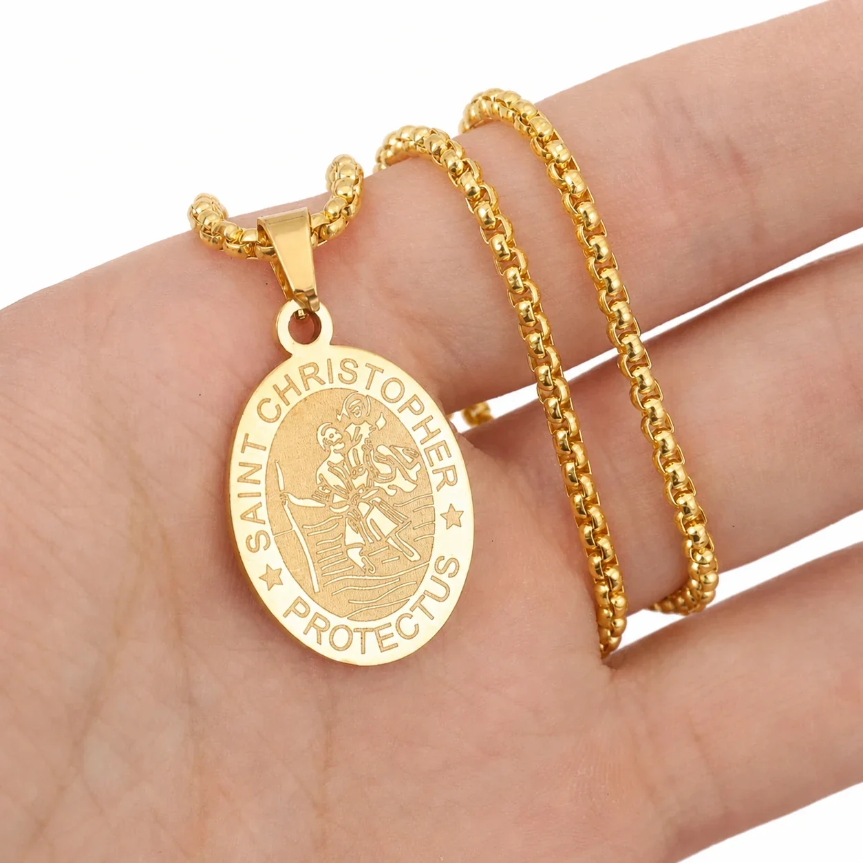 Saint Christopher Gold-Plated Oval Medal Box Chain Necklace - Gold