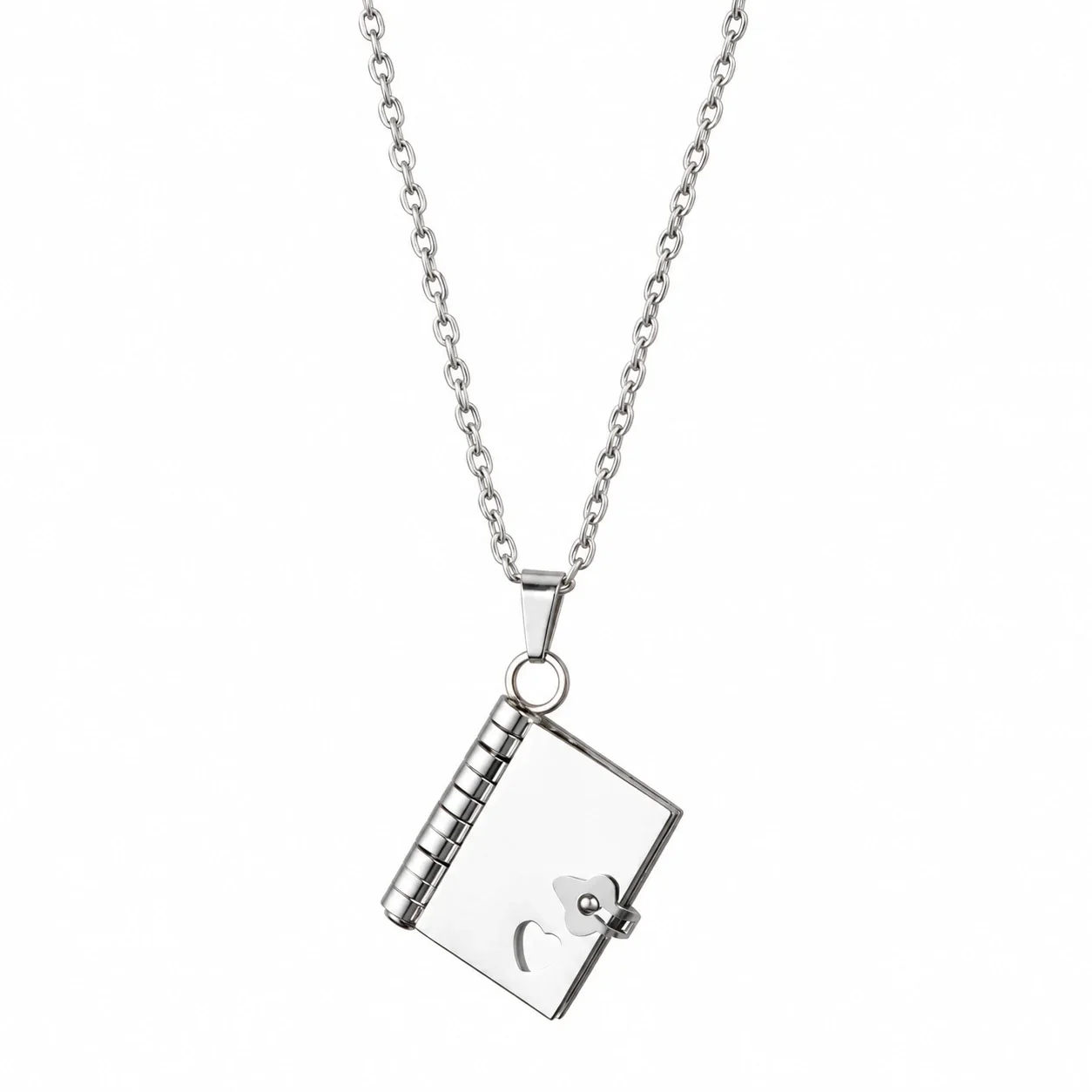 Love Letter Locket Necklace with Heart Cutout, Stainless Steel - Silver