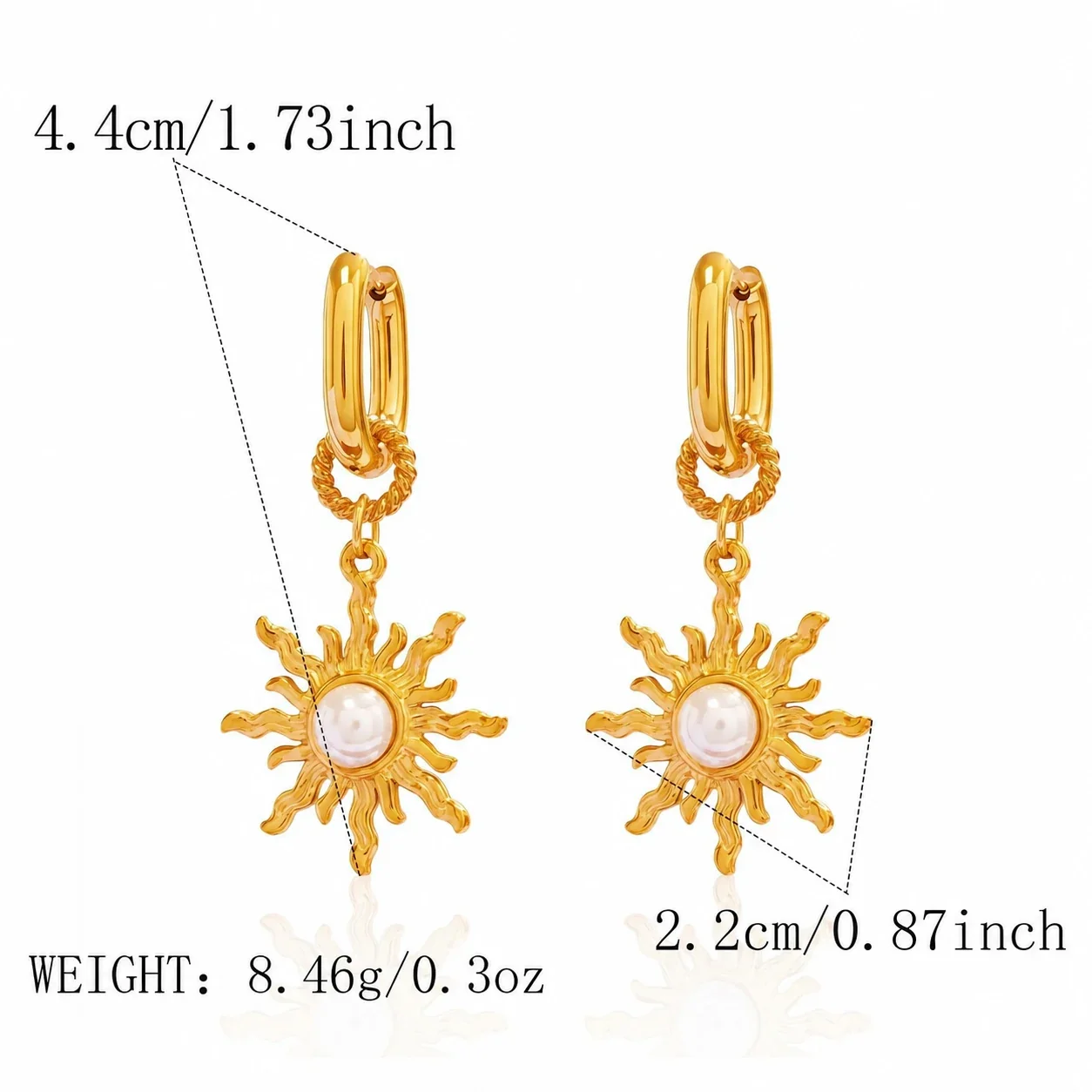 Photo produit : Boucles d’oreilles pendantes soleil rayonnant, perle et maillon torsadé en acier inoxydable PVD or 18K