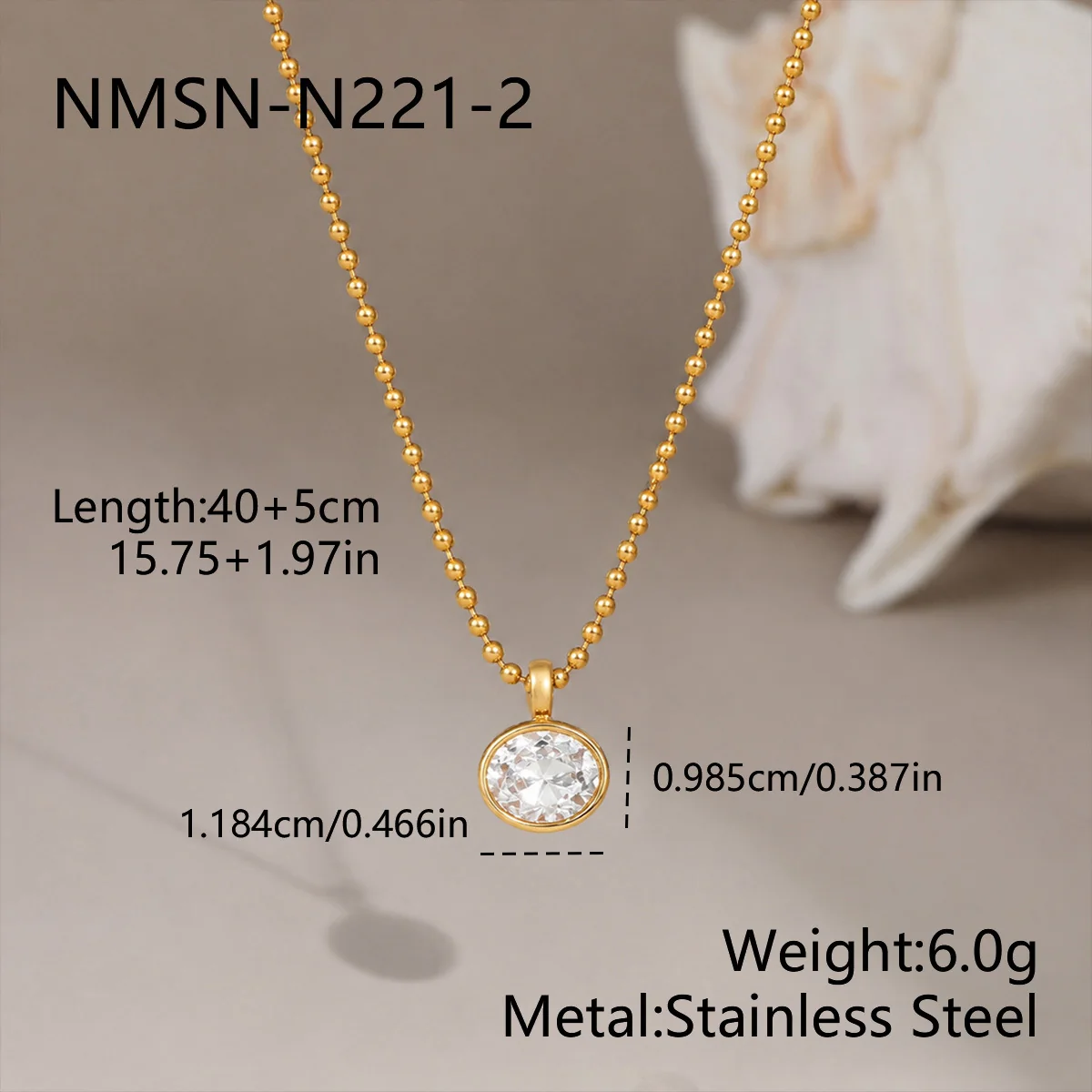 Halsketting met hanger, kralenketting en ronde CZ, verguld met 18K goud productfoto
