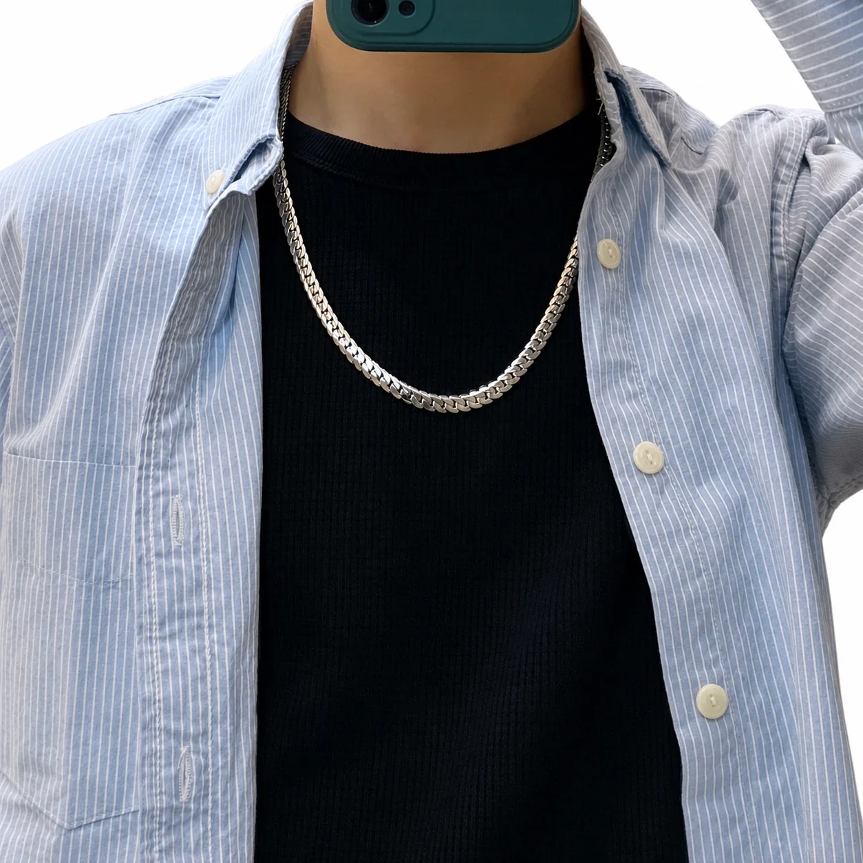 Textured Stainless Steel Silver-Tone Cuban Chain Necklace
