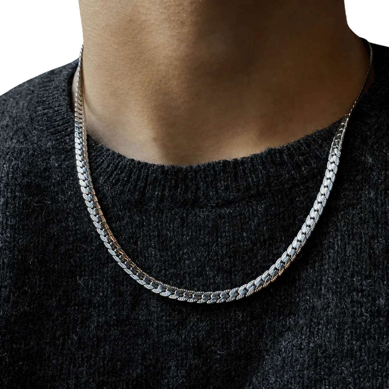 Textured Stainless Steel Silver-Tone Cuban Chain Necklace