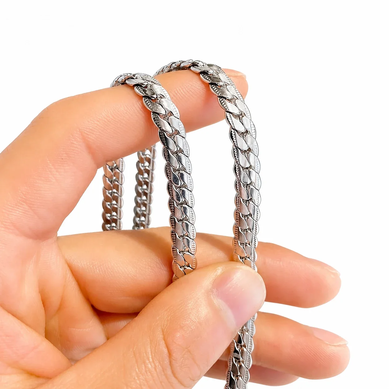 Textured Stainless Steel Silver-Tone Cuban Chain Necklace