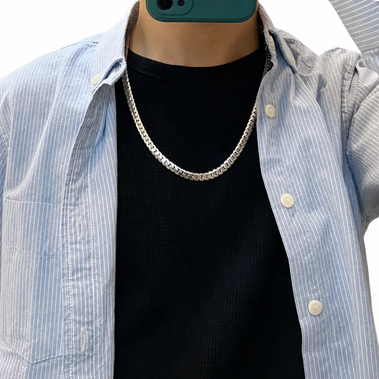 Textured Stainless Steel Silver-Tone Cuban Chain Necklace - Silver cm