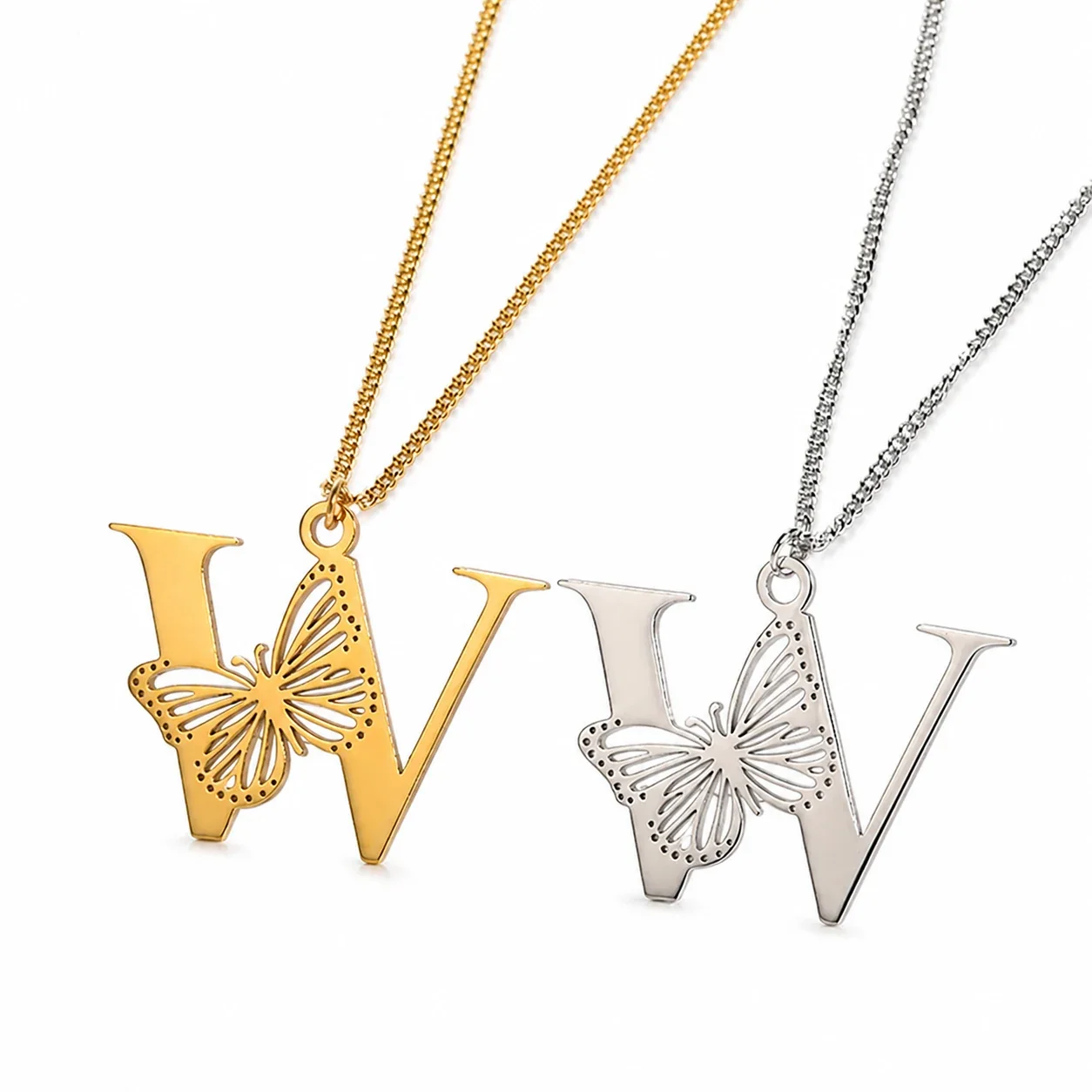 Butterfly Initial 18K Gold-Plated Stainless Steel Necklace - Letter W