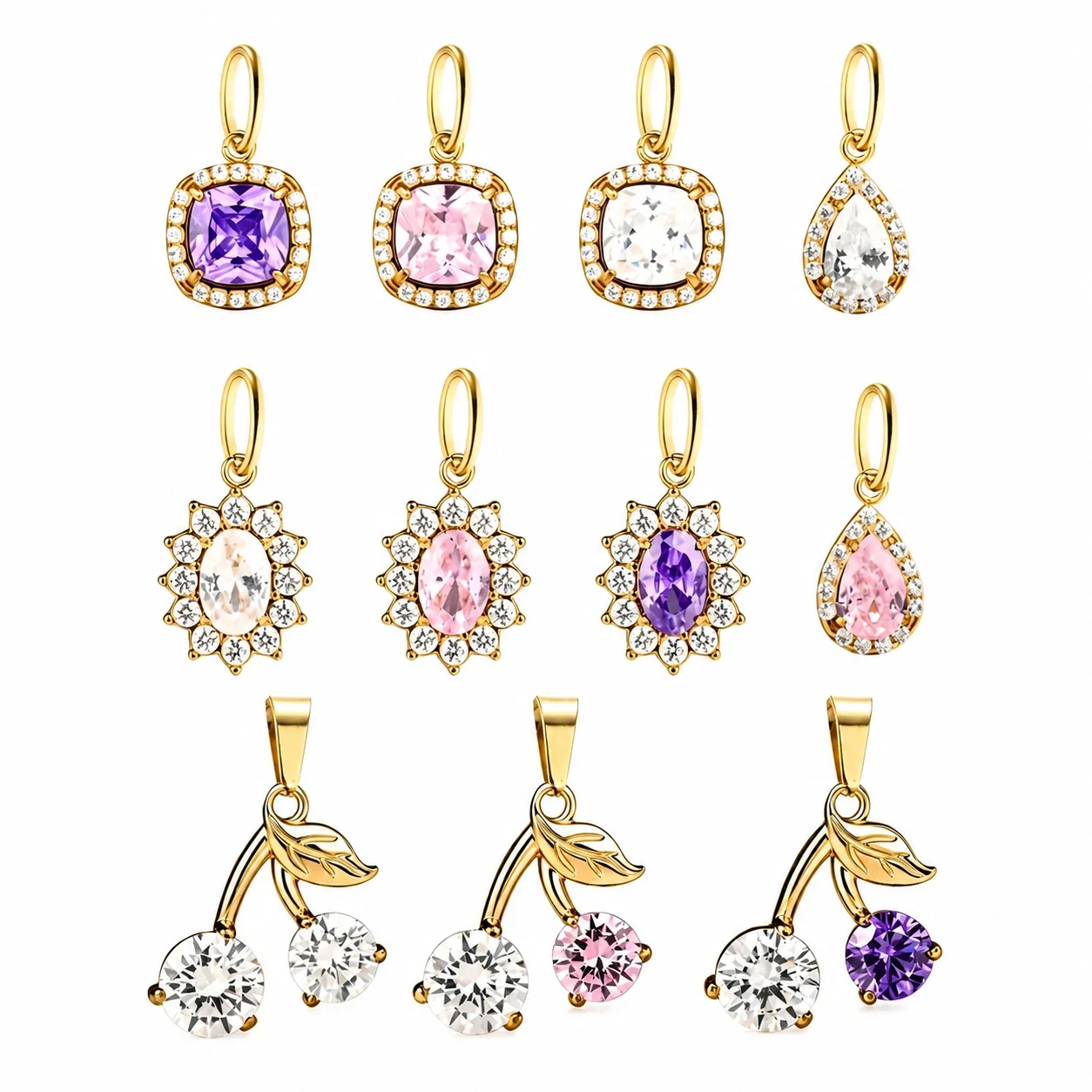 Polished 316 Stainless Steel CZ Charm Pendant Assortment