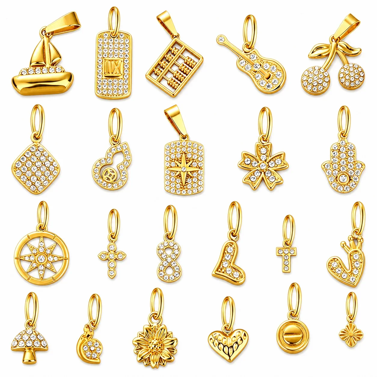 Polished 316 Stainless Steel CZ Charm Pendant Assortment