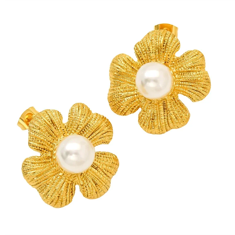 Gold-Tone Stainless Steel Textured Flower Stud Earrings