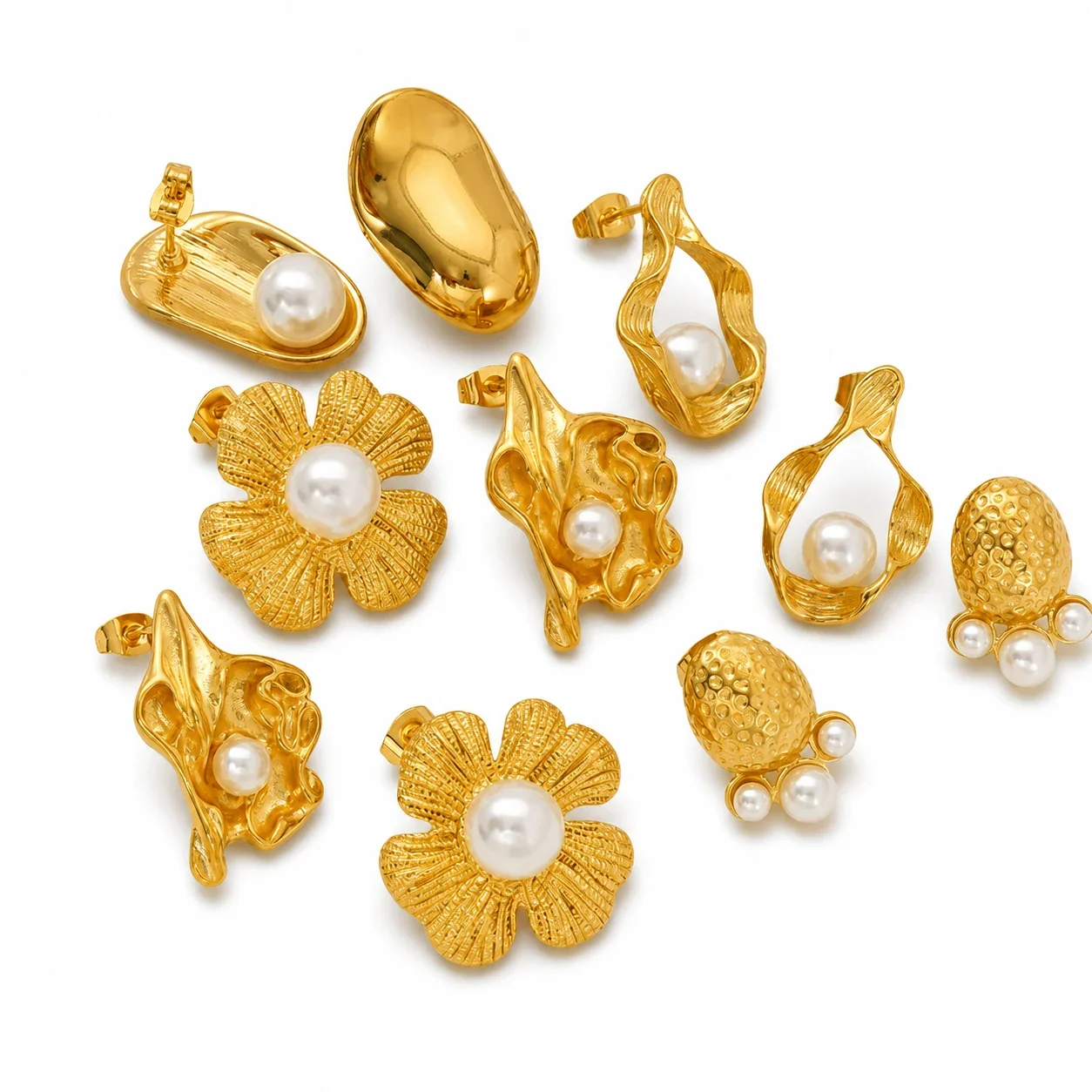 Gold-Tone Stainless Steel Textured Flower Stud Earrings