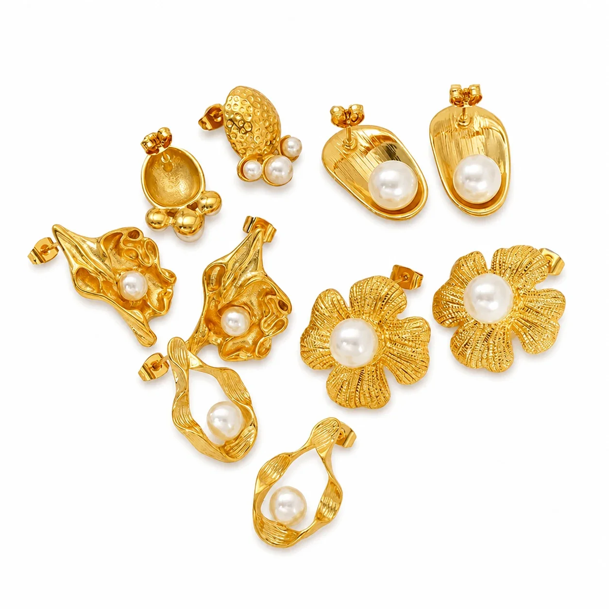 Gold-Tone Stainless Steel Textured Flower Stud Earrings