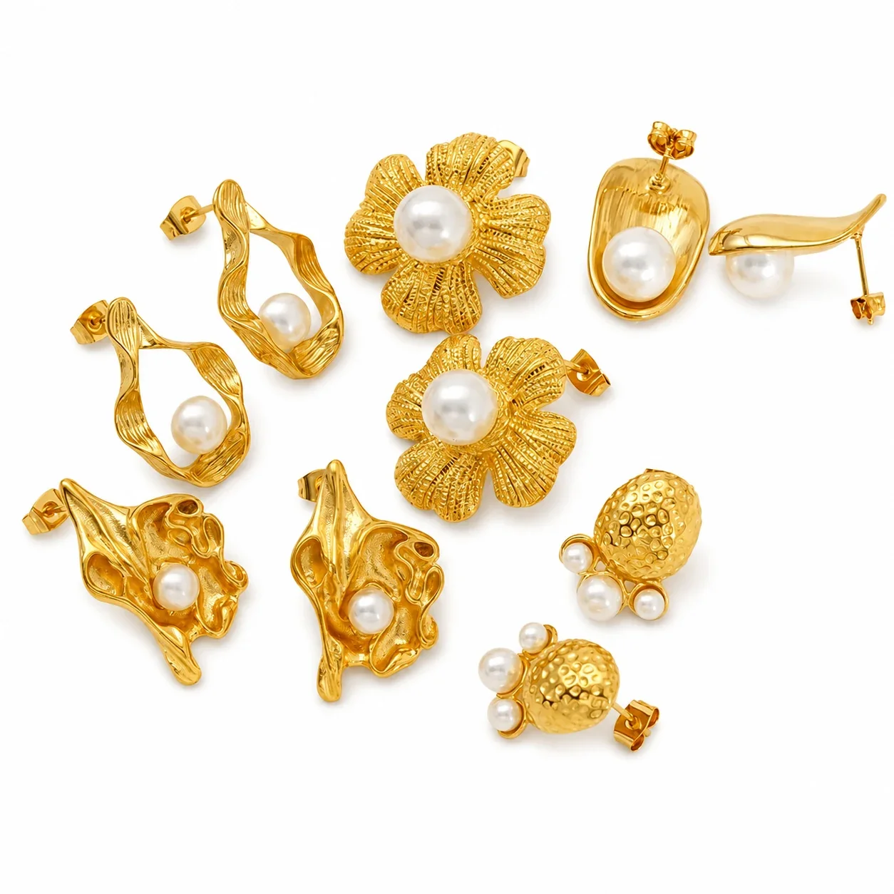 Gold-Tone Stainless Steel Textured Flower Stud Earrings