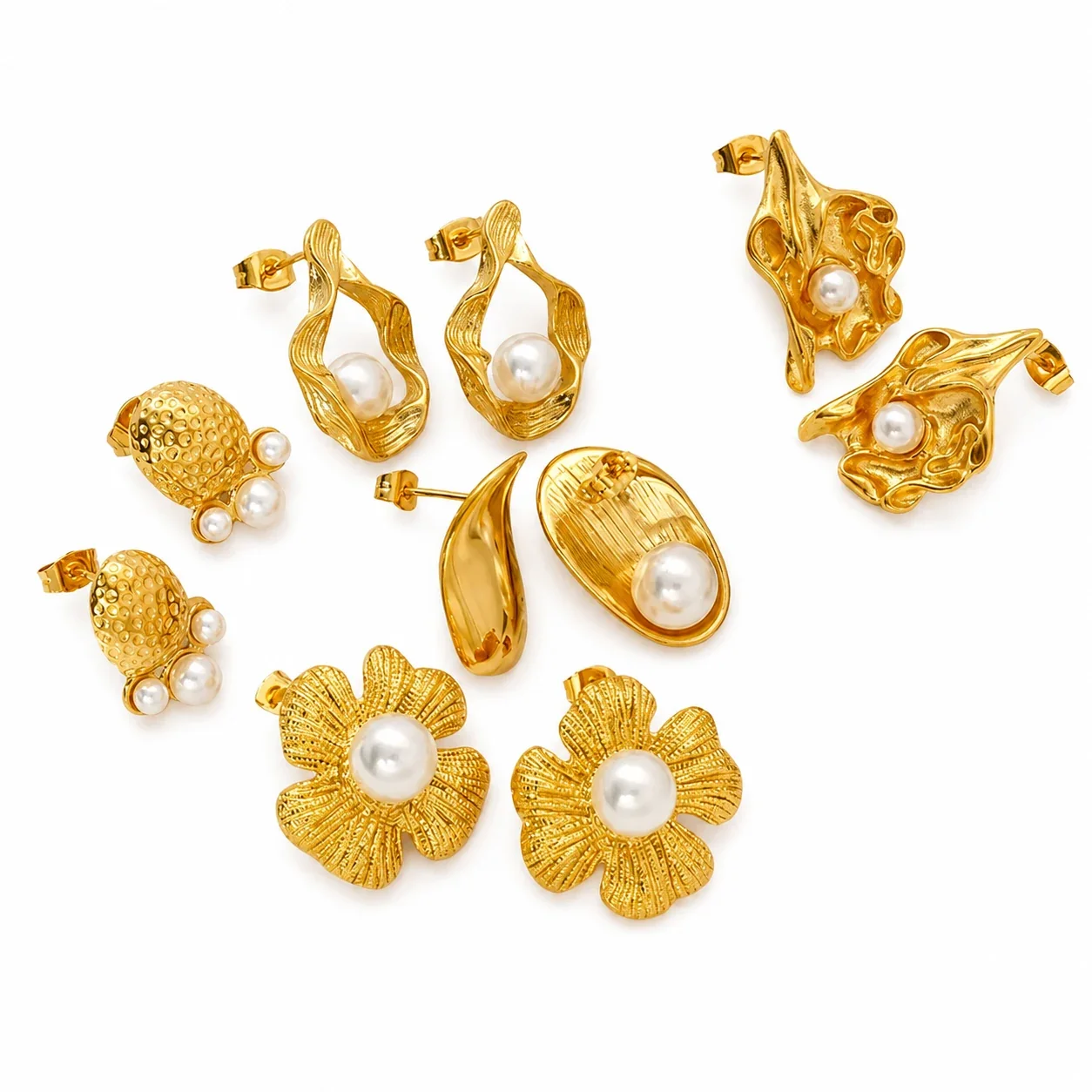 Gold-Tone Stainless Steel Textured Flower Stud Earrings