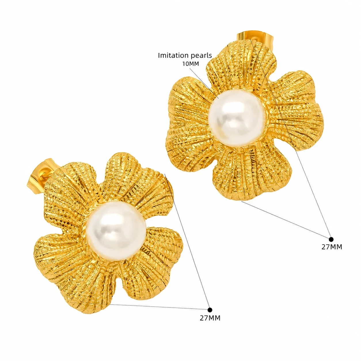 Gold-Tone Stainless Steel Textured Flower Stud Earrings - Gold Flower Pearl-Effect