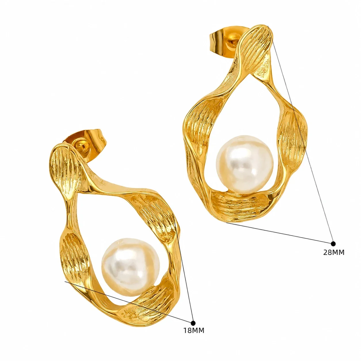 Gold-Tone Stainless Steel Textured Flower Stud Earrings - Gold Calla Pearl-Effect