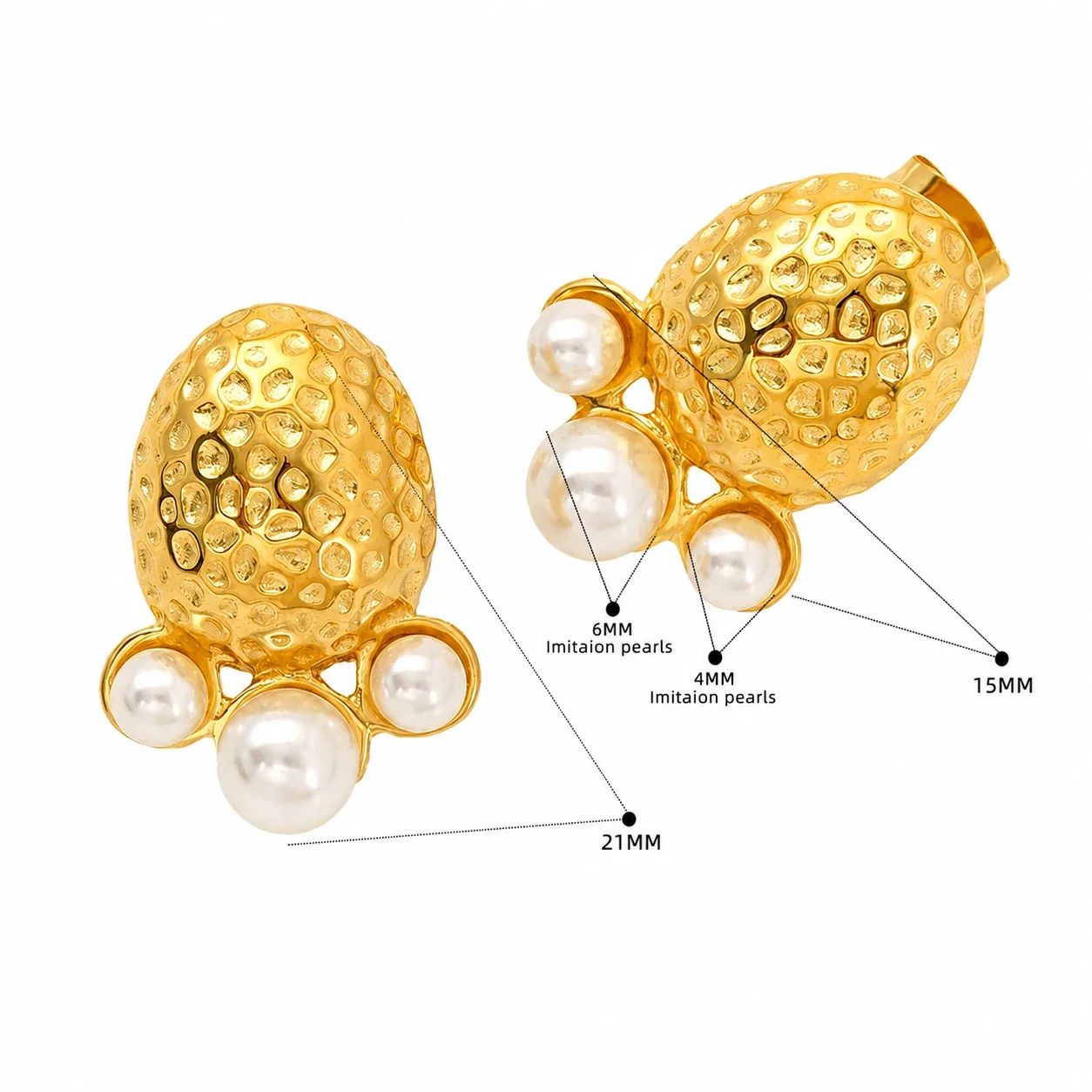 Gold-Tone Stainless Steel Textured Flower Stud Earrings - Gold Open Leaf Pearl-Effect