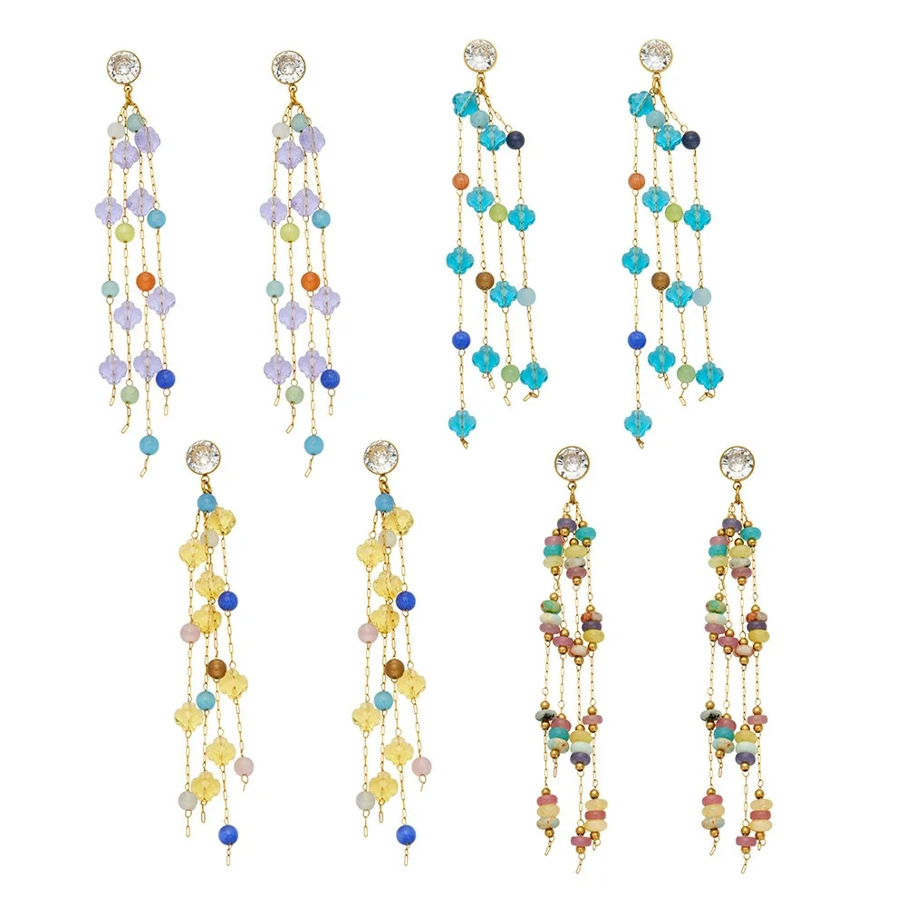 Cascading 18K Gold PVD Crystal Tassel 316L Stainless Steel Drop Earrings